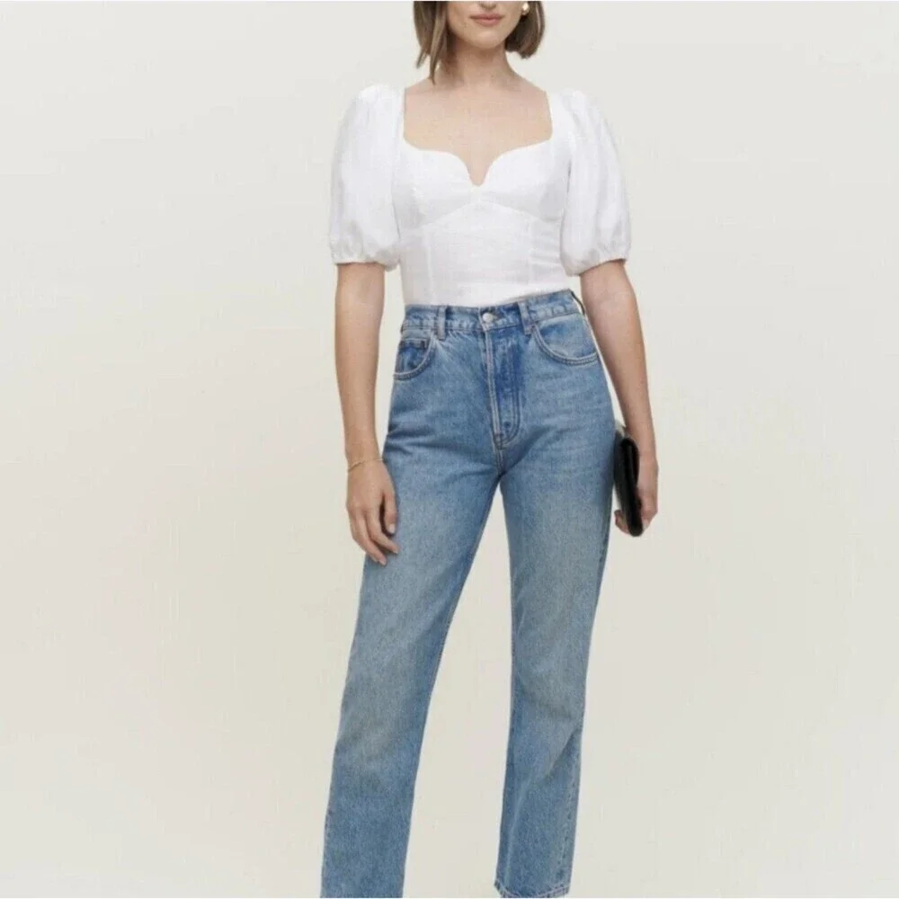 Reformation Mia Linen Top White Cutout Puff Slevee Size 12